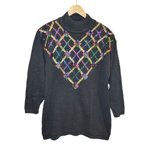 Vintage Christmas Oversized Holiday Ugly Sweater Black Shoulder Pads Sequins M